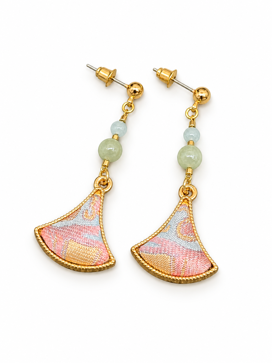 Jadeite and patterned Song brocade fan drop earrings.