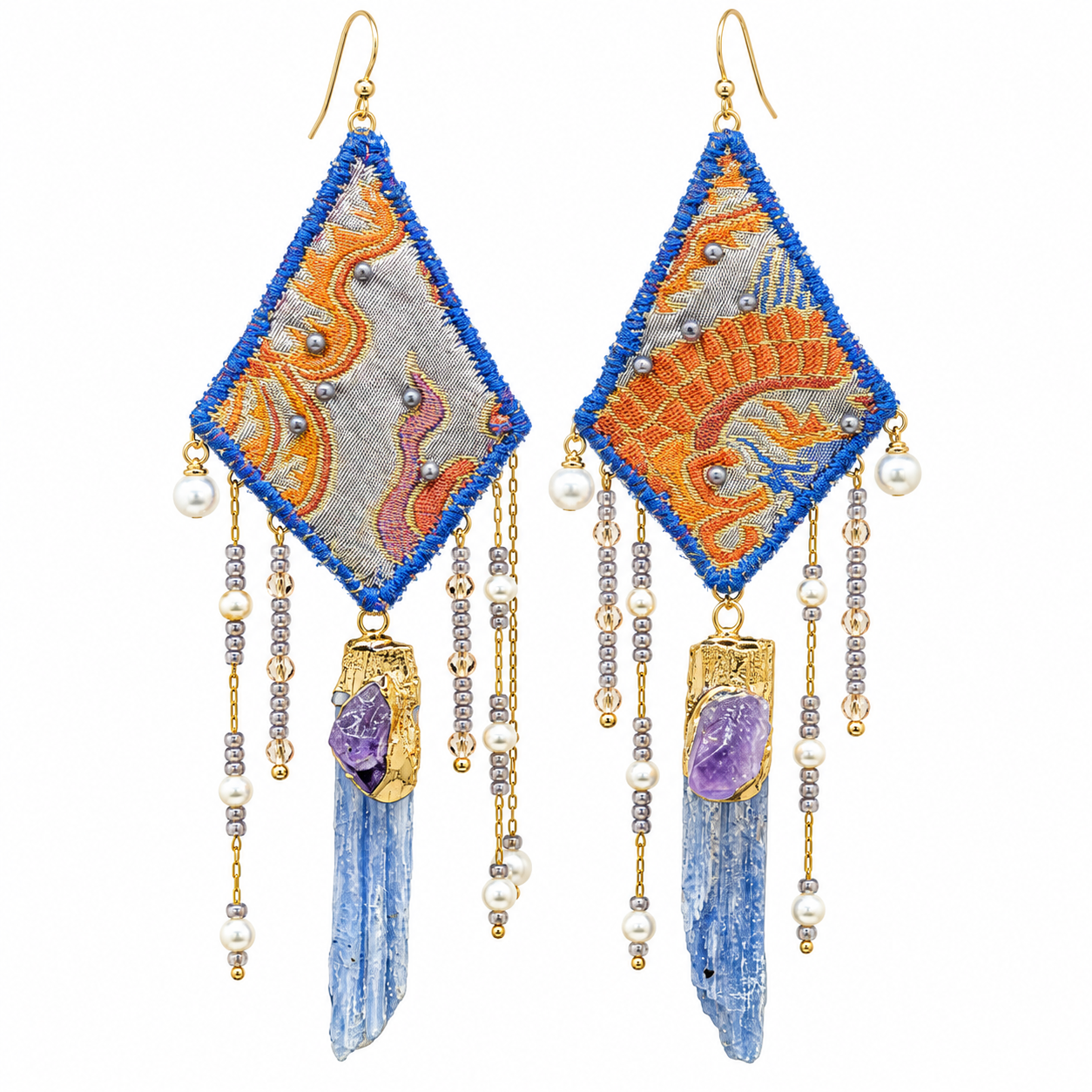 Inner Adventure Blue Diamond Fringe Earrings with patterned Song brocade panels.