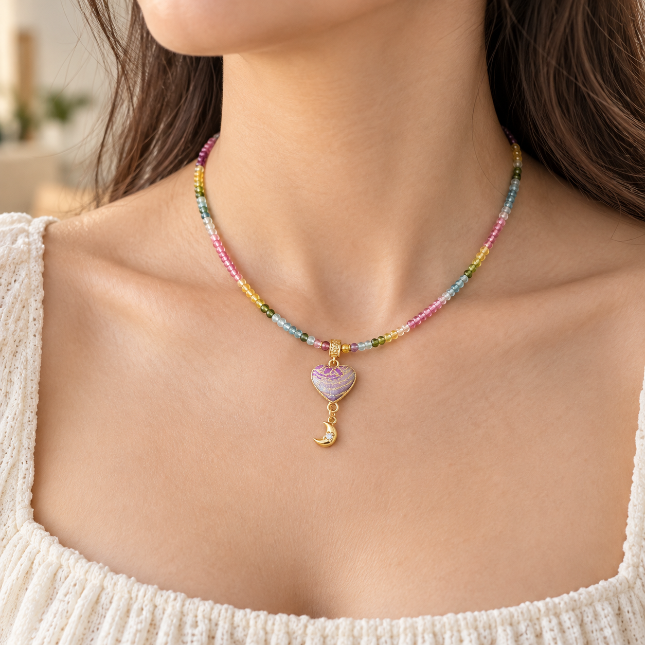 Multicolor stone necklace with a patterned Song brocade pendant, worn close to the neck.