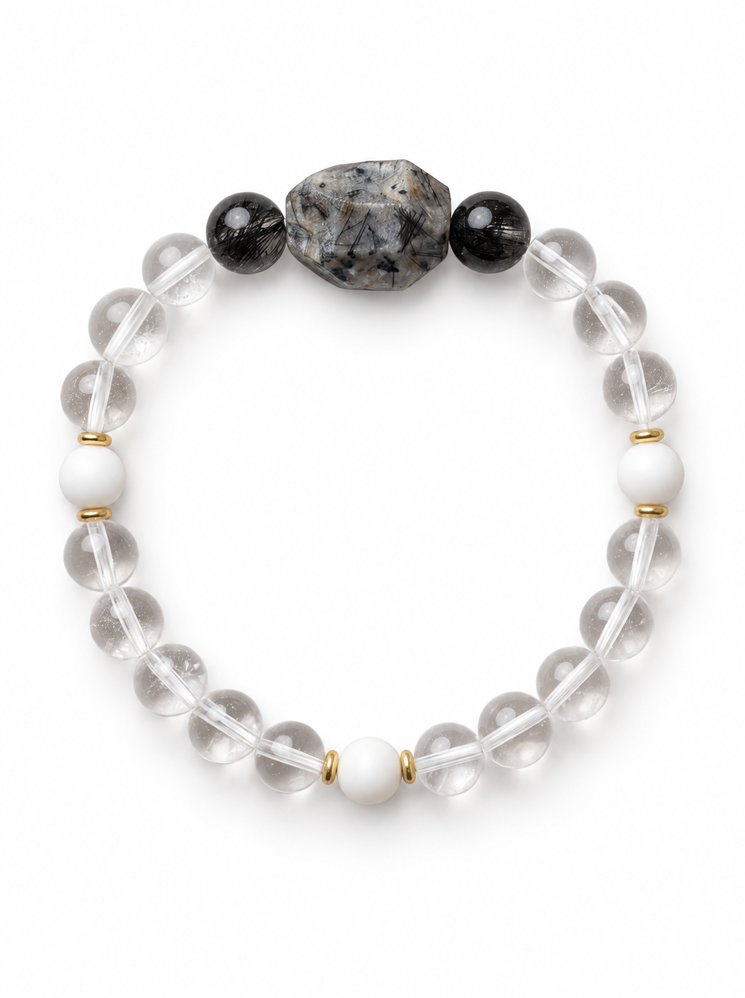 Black rutilated quartz, clear quartz, and white giant clam bracelet.