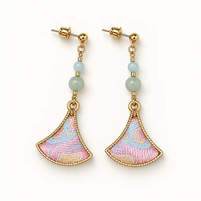 Jadeite and pastel Song brocade fan drop earrings.