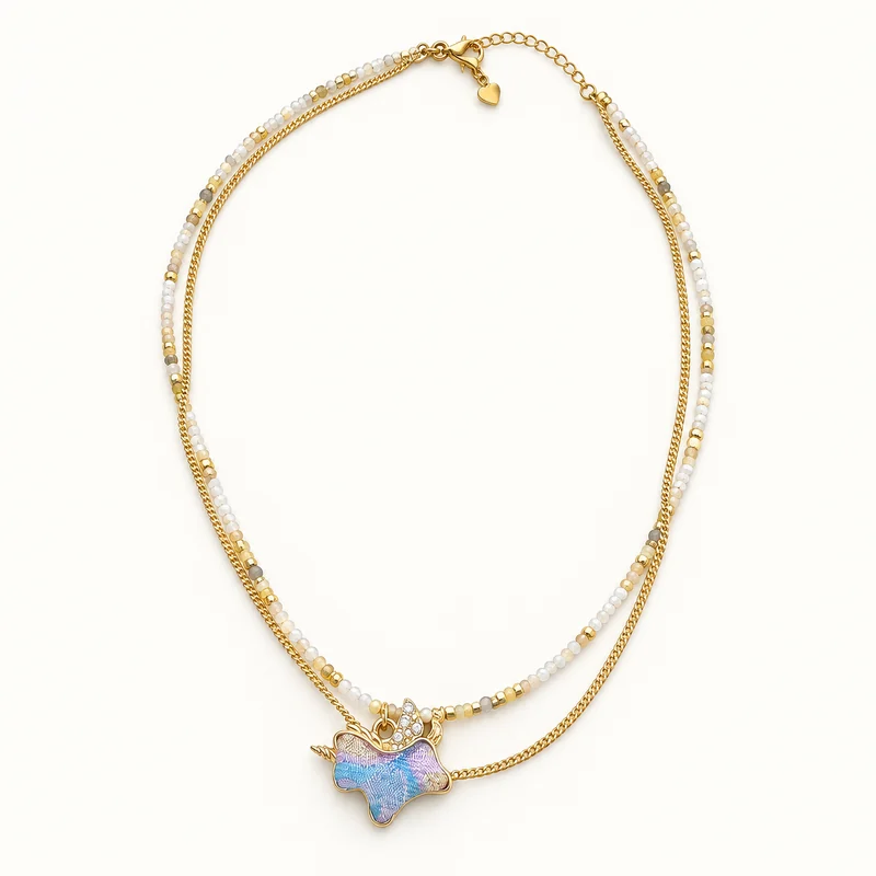 Layered natural stone necklace with a pale Song brocade pendant.