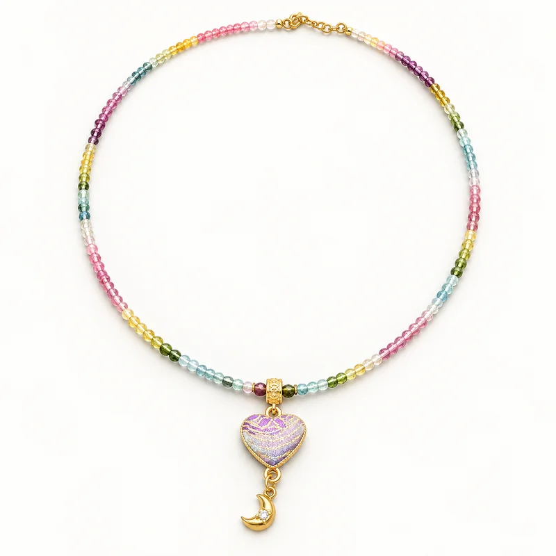 Multicolor tourmaline necklace with a Song brocade heart and crescent.