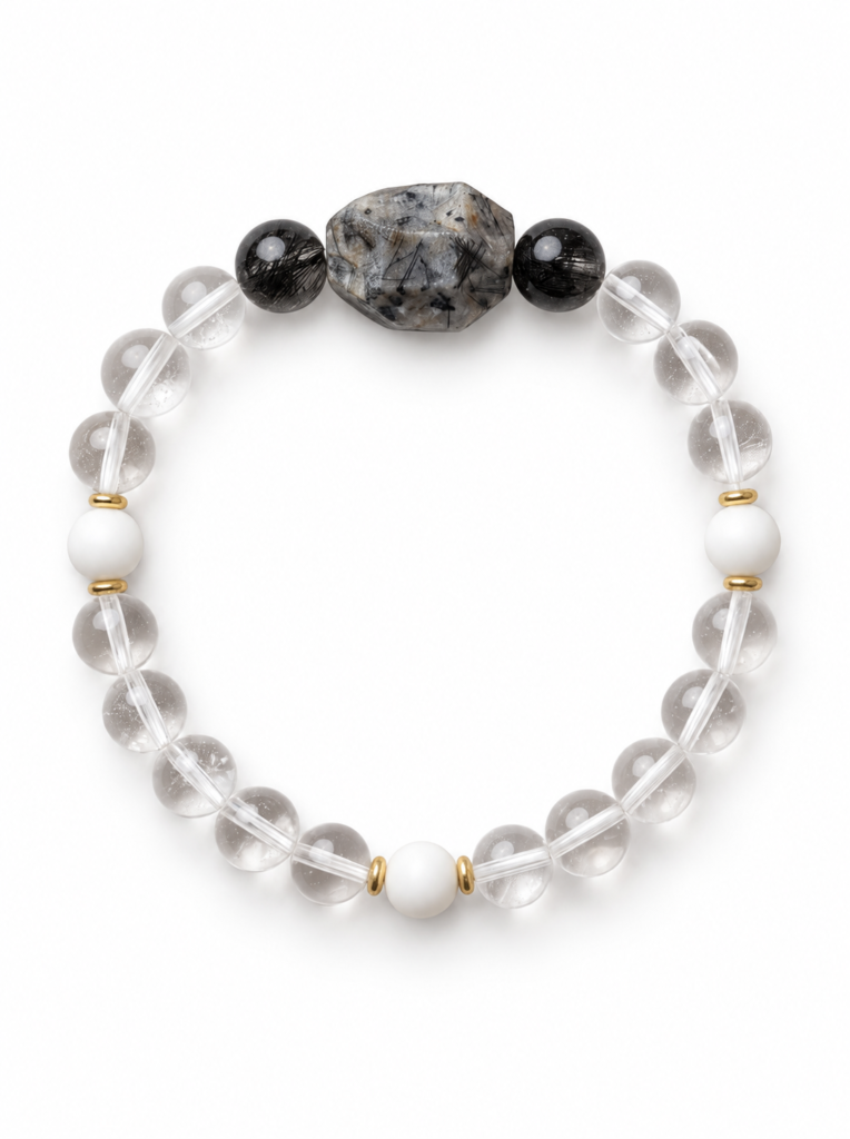 Black Rutilated Quartz, Clear Quartz & White Giant Clam Bracelet - Full View