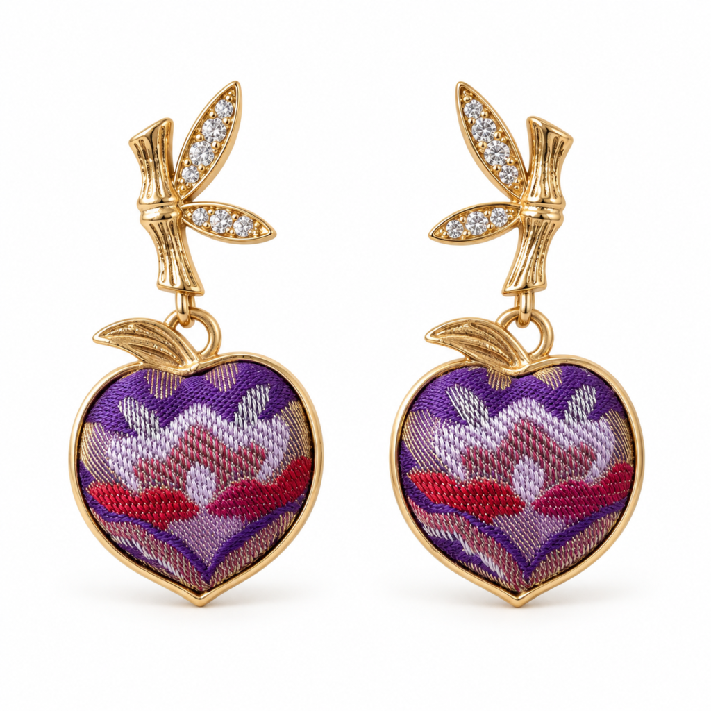 Purple Song Brocade Peach Earrings, handcrafted by Sunxi Craft