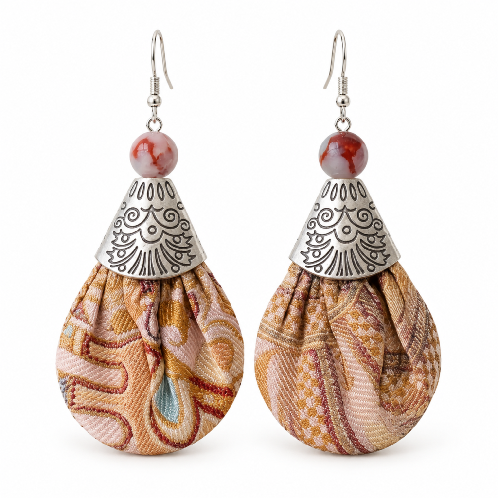 Song Brocade & Shoushan Stone Earrings, handcrafted by Sunxi Craft