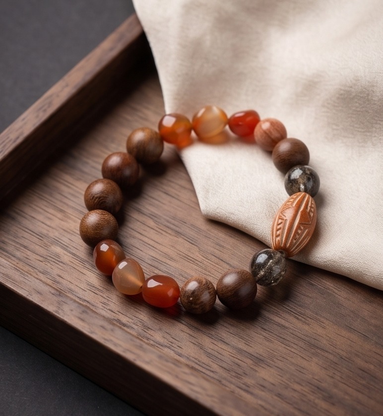 Black Gold Super Seven, Agate, Wood & Ceramic Bracelet - Lifestyle on Wooden Tray