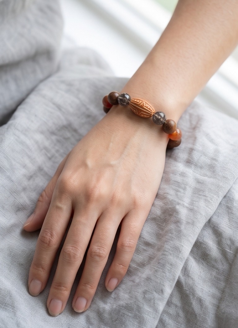 Black Gold Super Seven, Agate, Wood & Ceramic Bracelet - Wrist Shot