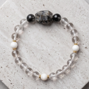 Black Rutilated Quartz, Clear Quartz & White Giant Clam Bracelet - Full View