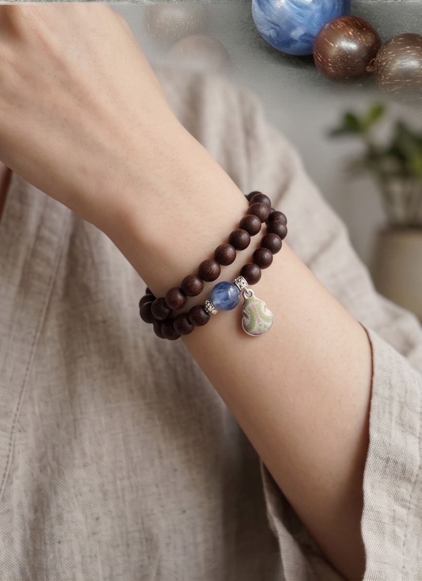 Rosewood & Blue Kyanite Wrap Bracelet, handcrafted jewelry detail 1