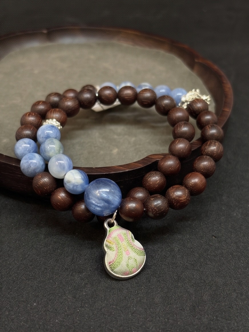 Rosewood & Blue Kyanite Wrap Bracelet, handcrafted jewelry detail 3