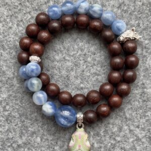 Rosewood & Blue Kyanite Double-Wrap Bracelet with Song Brocade Amulet | Handcrafted Five Elements Bracelet | Sunxi Craft