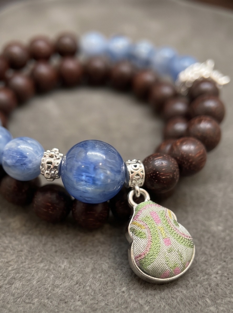 Rosewood & Blue Kyanite Wrap Bracelet, handcrafted jewelry detail 2