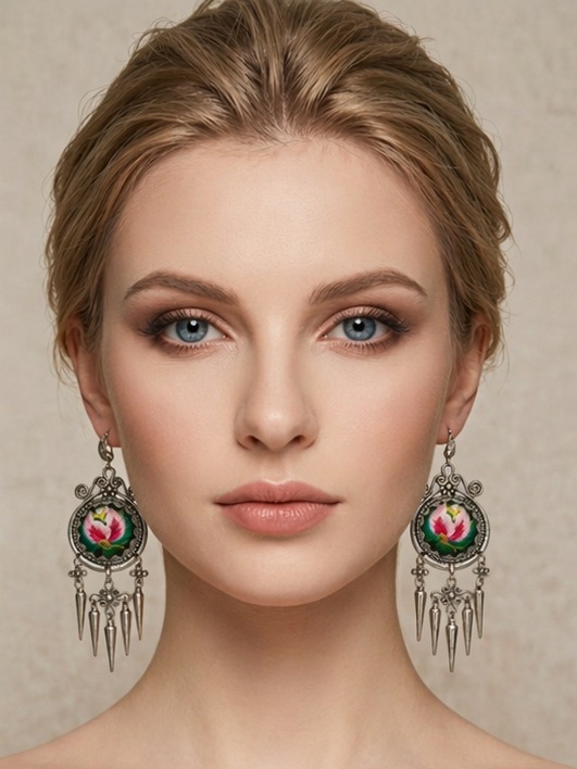 Miao Embroidery & Silver Earrings, handcrafted jewelry detail 1