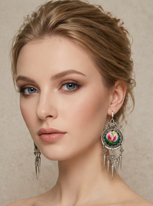 Miao Embroidery & Silver Earrings, handcrafted jewelry detail 2