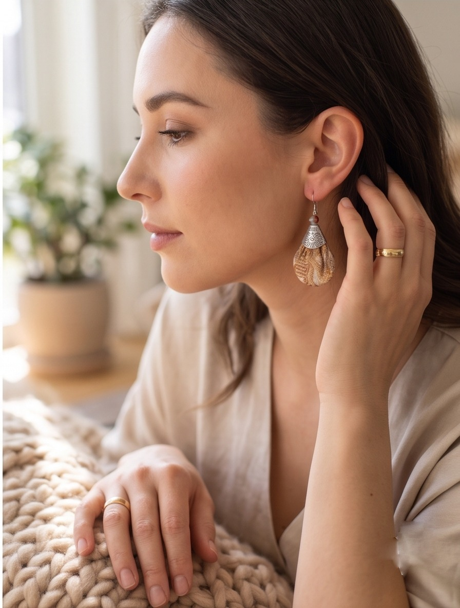 Song Brocade & Shoushan Stone Earrings, handcrafted jewelry detail 3