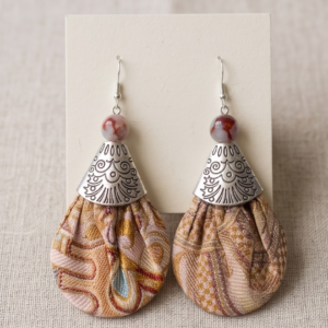 Crimson Heritage Song Brocade & Red Shoushan Stone Earrings | Handcrafted Five Elements Earrings | Sunxi Craft