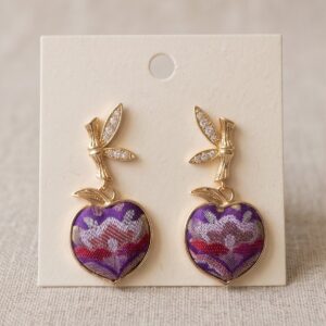 Imperial Purple Song Brocade Peach Earrings | Bamboo Gold Accents | Handcrafted Five Elements Earrings | Sunxi Craft