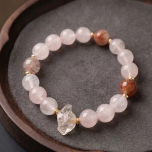 Manifestation & Passion Bracelet - Natural Red Hair Quartz, Rose Quartz & Herkimer Diamond - Fire Energy for Grounding, Action, and Romance