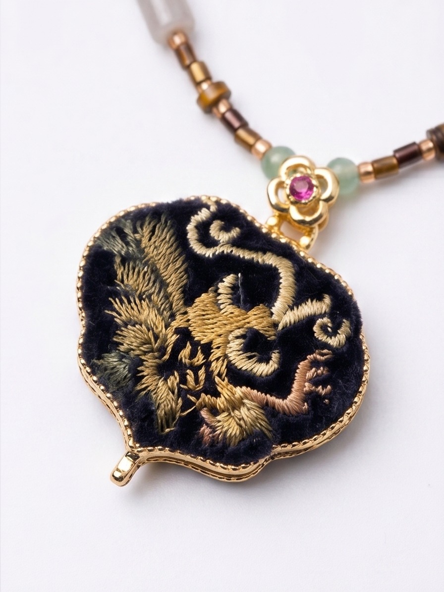 Song Brocade Fragrance Locket Necklace, handcrafted jewelry detail 1