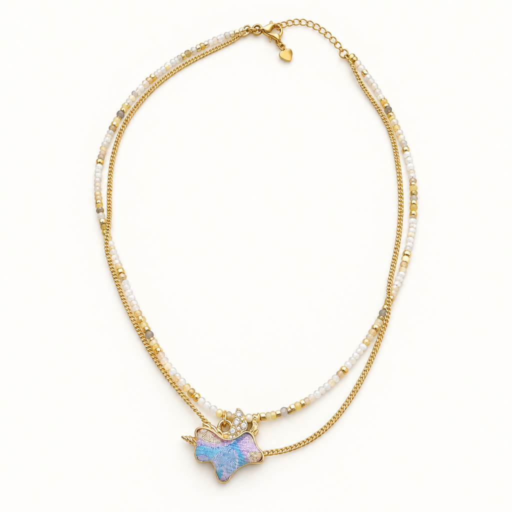 Layered necklace with pale natural-stone beads, a fine gold-plated stainless steel chain, and a patterned Song brocade pendant.