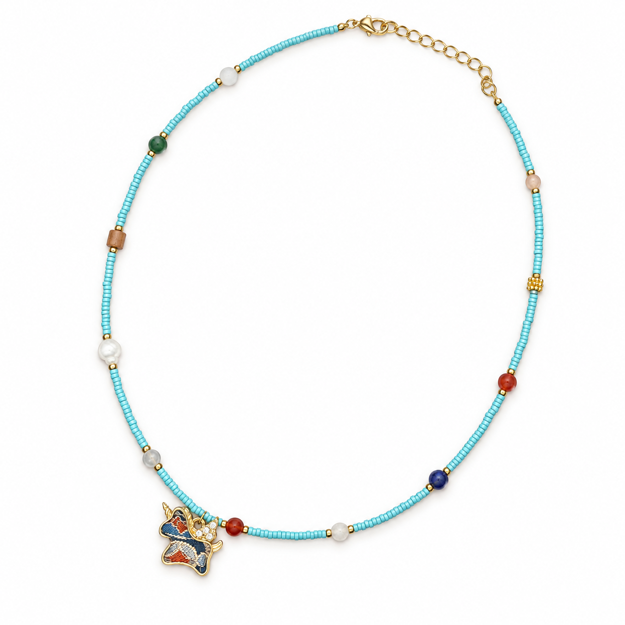 Turquoise bead necklace with multicolor accents and a Song brocade pendant on a light background.