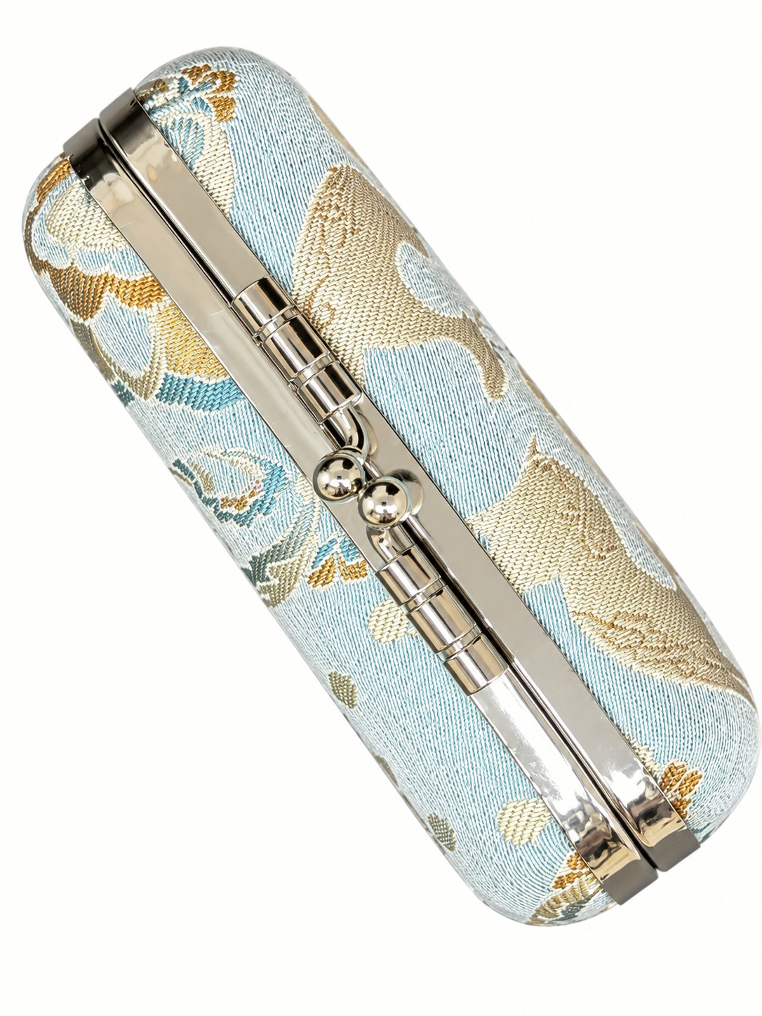 Close view of the clasp and woven pale-blue pattern on the jewelry travel kit.