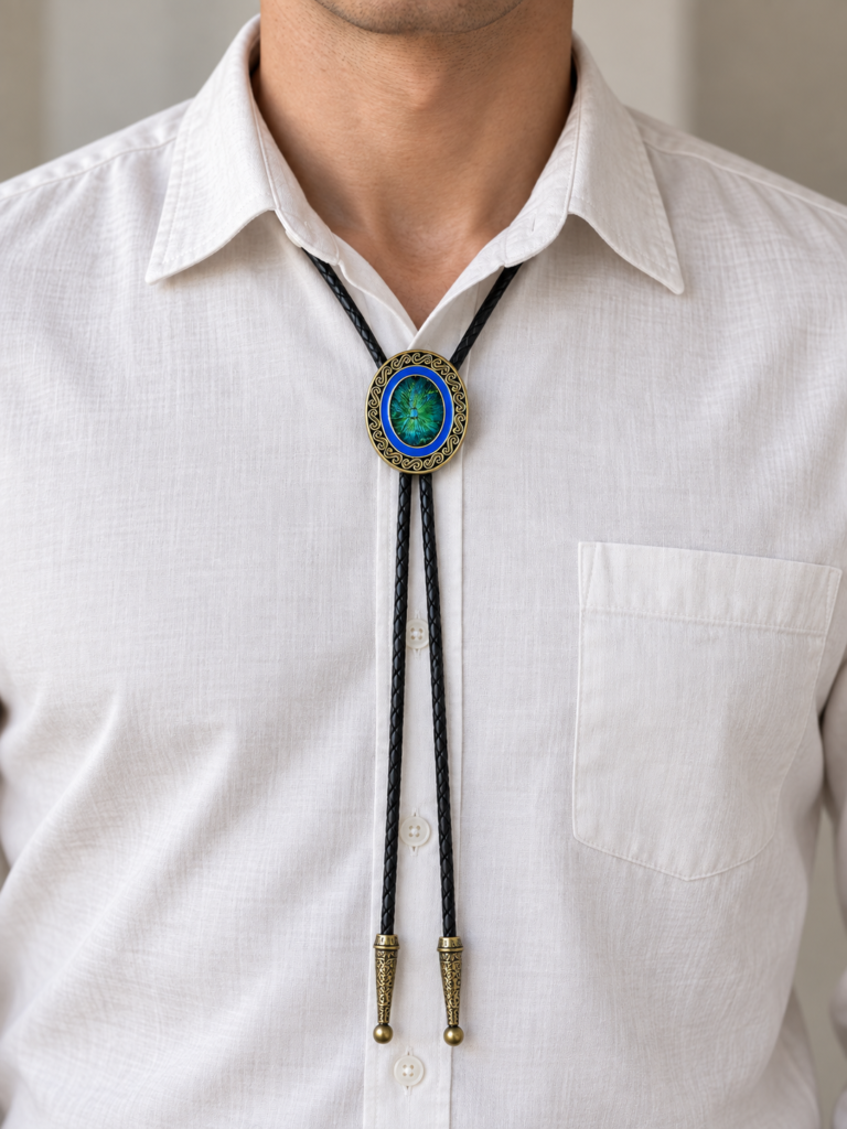 Adult model wearing the blue-and-green oval bolo tie with black braided cord and two engraved bronze-color tips.