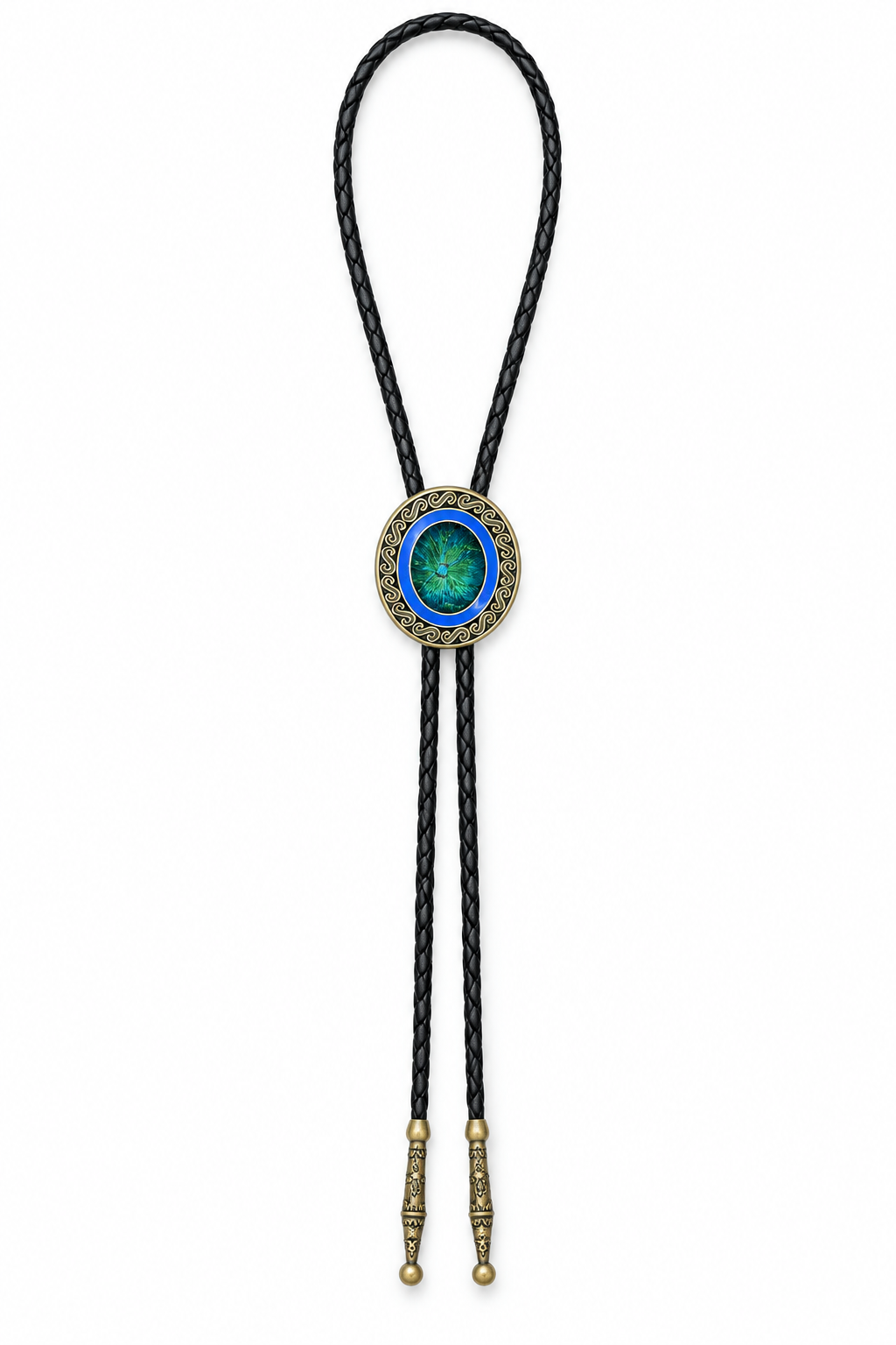 Full-length blue-and-green oval bolo tie with black braided cord and two engraved bronze-color tips on white.