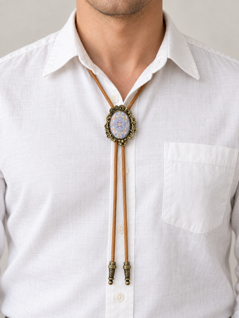 Adult model wearing the pale blue and lavender oval bolo tie with tan cord and two engraved antique-brass-color tips.