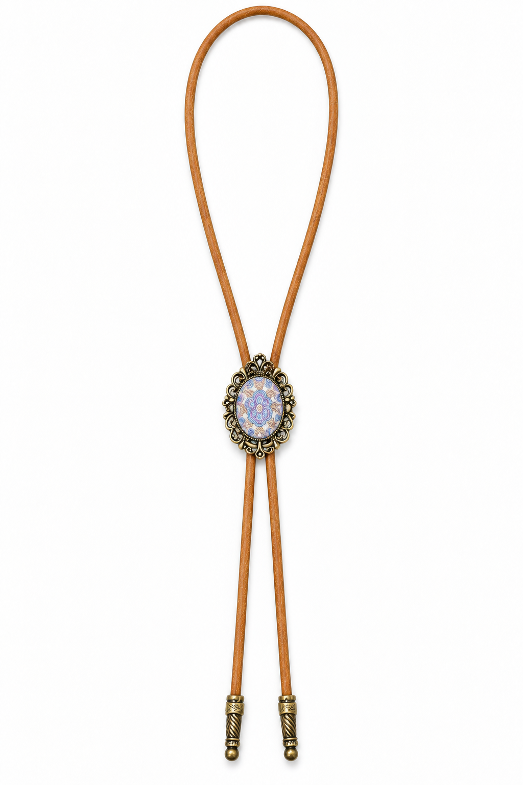 Full-length pale blue and lavender oval bolo tie with tan cord and two engraved antique-brass-color tips on white.