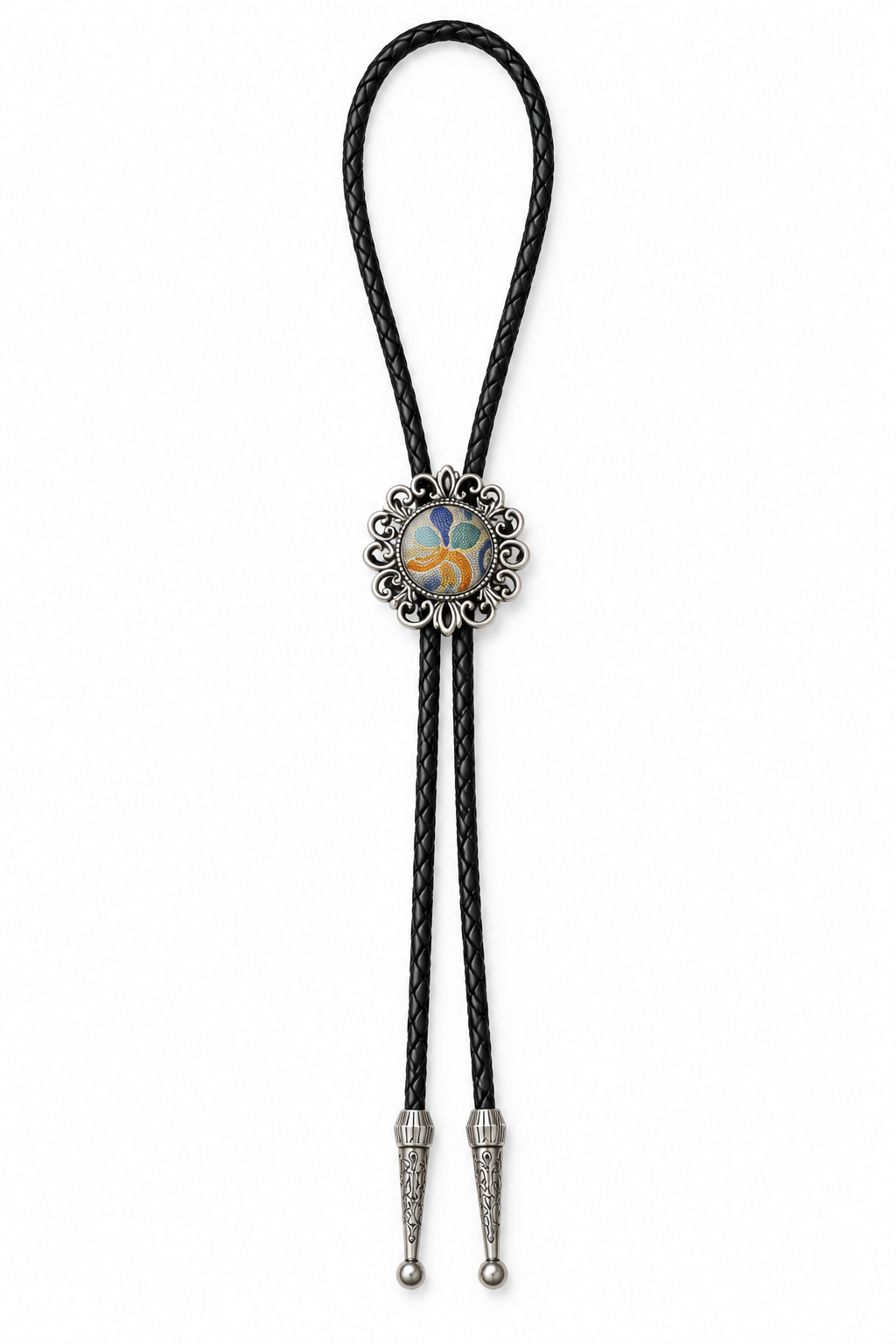 Full-length multicolor circular bolo tie with black braided cord and two long engraved silver-color tips on white.