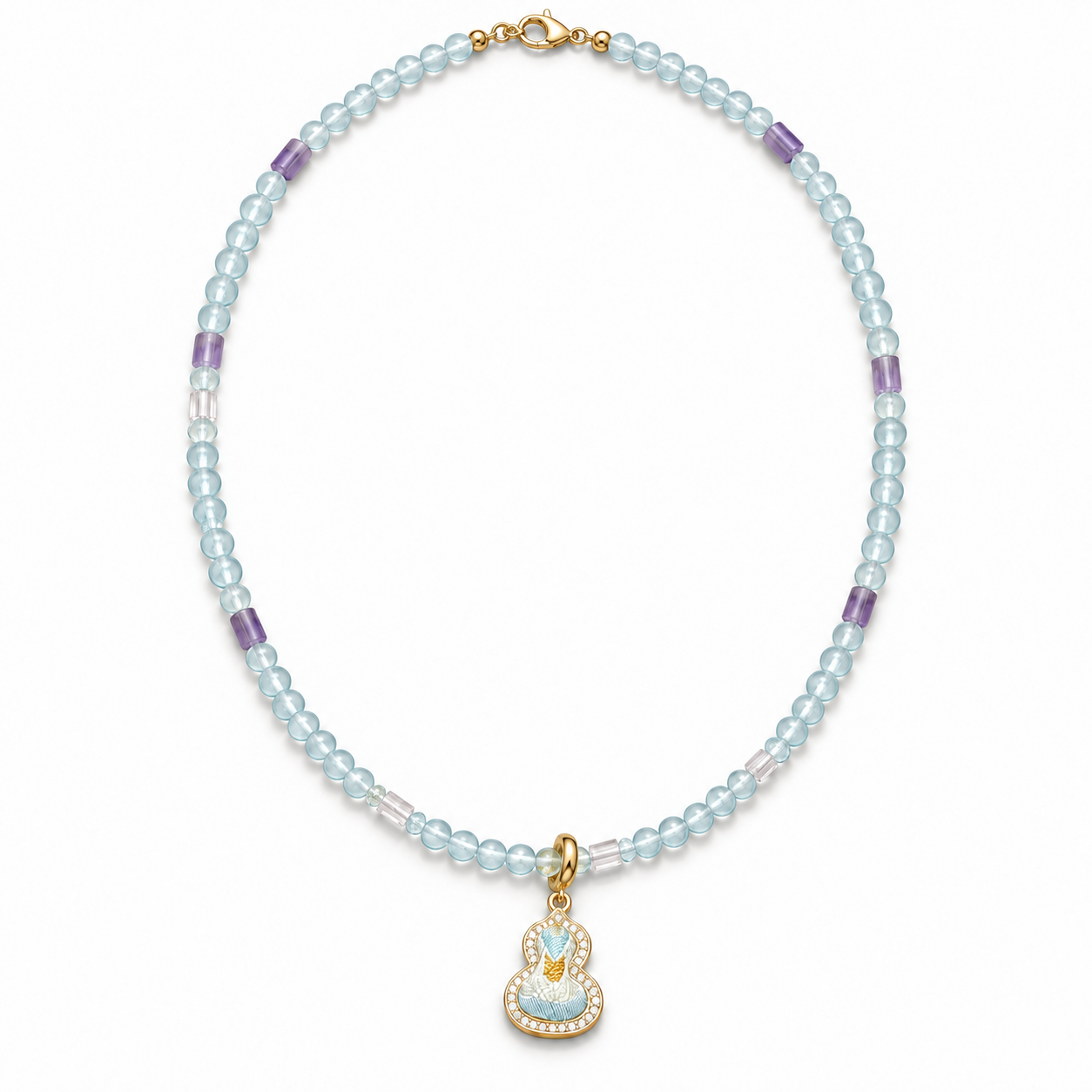 Pale blue and purple beaded necklace with a small Song brocade pendant on a light background