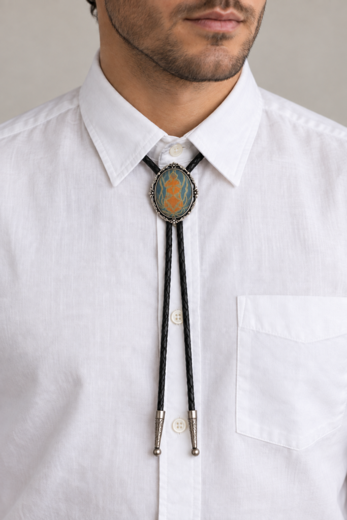 Adult model wearing the vertically set pale-blue oval bolo tie with black braided cord over a white shirt.