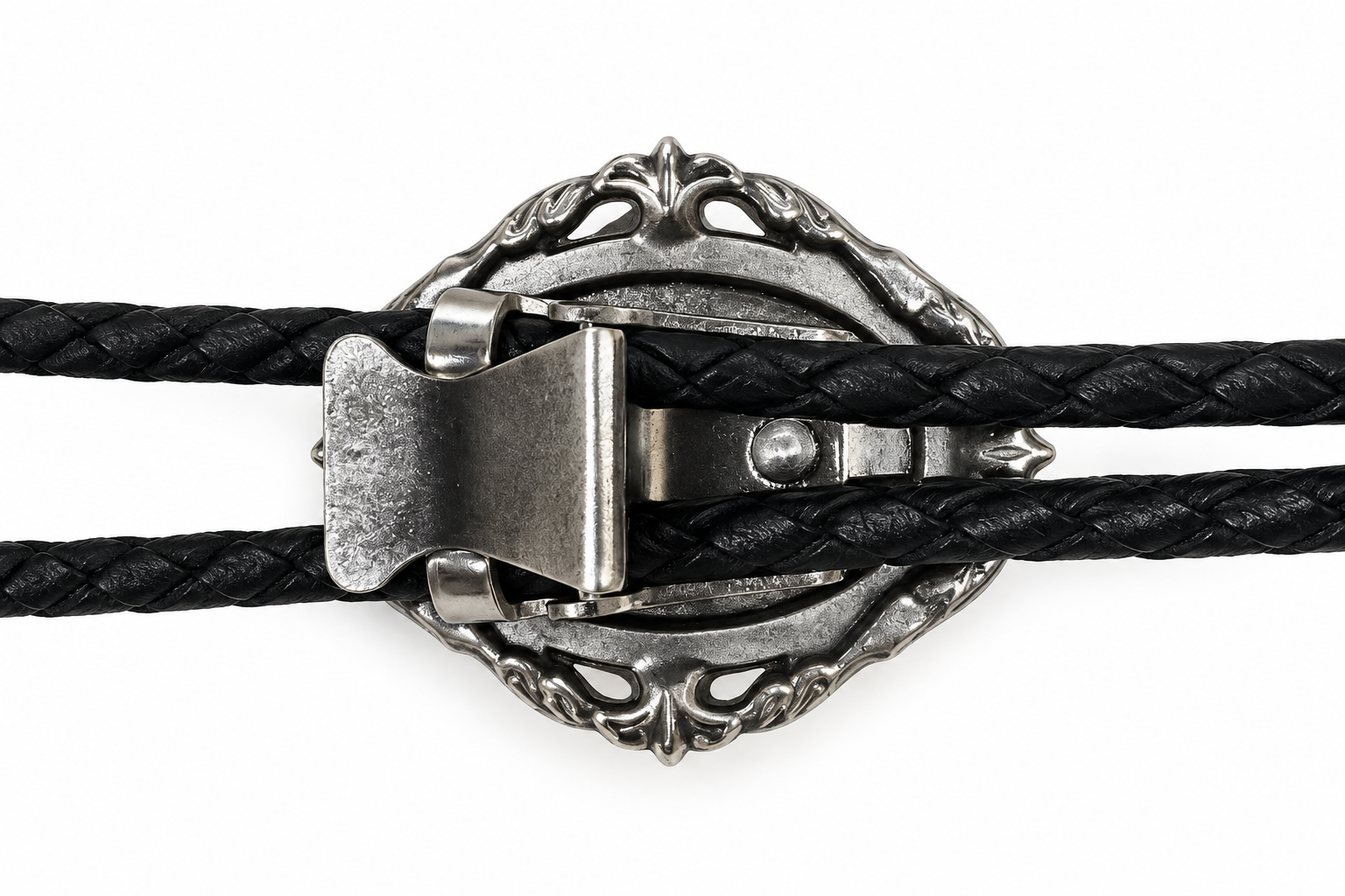 Rear detail of the silver-color bolo tie slide mechanism and black braided cord.