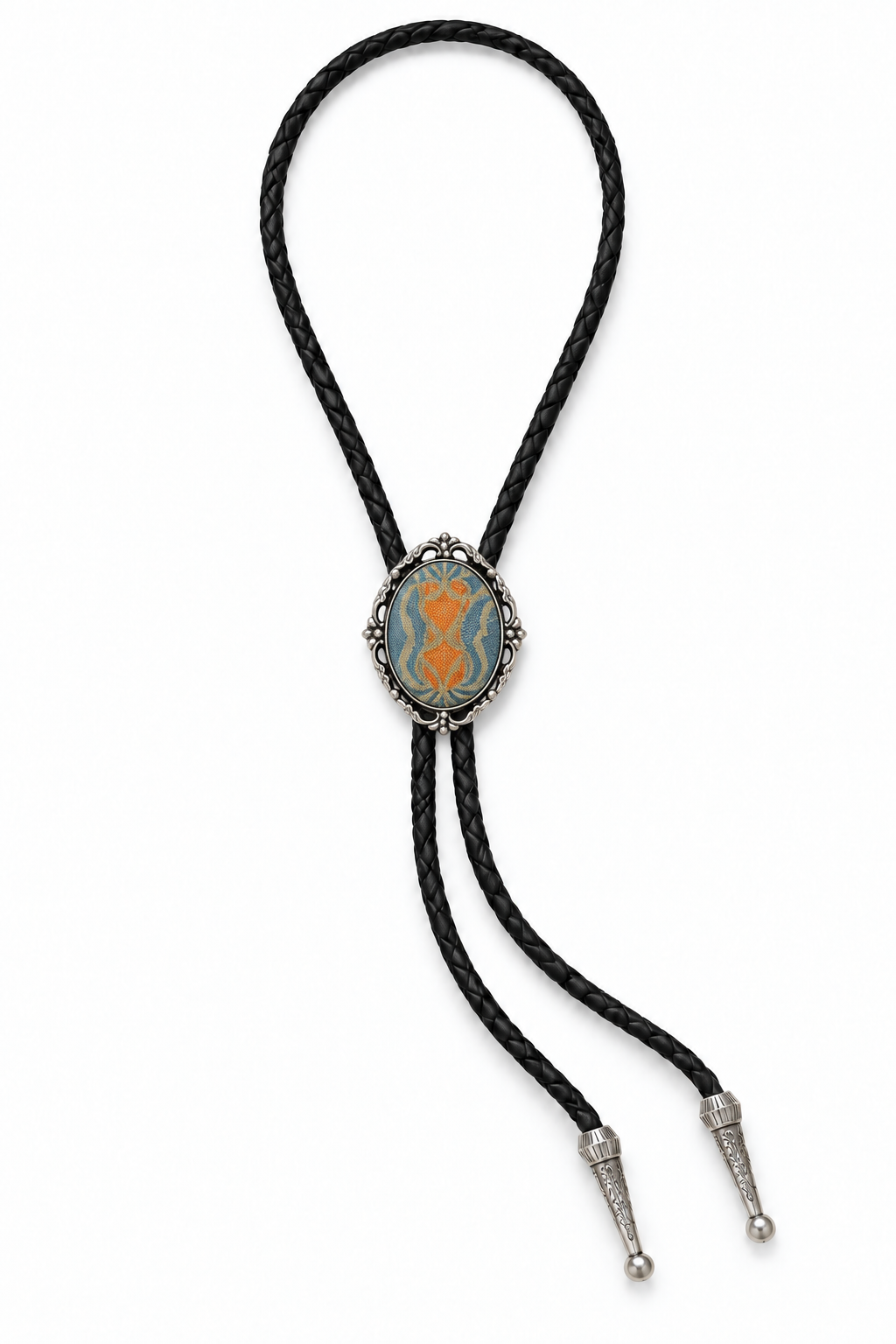 Full vertically set pale-blue oval bolo tie with black braided cord and engraved silver-color tips on white.
