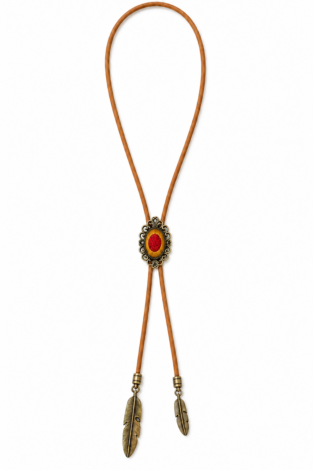 Full-length tan-cord bolo tie with a vertically set red-and-mustard centerpiece and unequal feather-shaped tips on white.