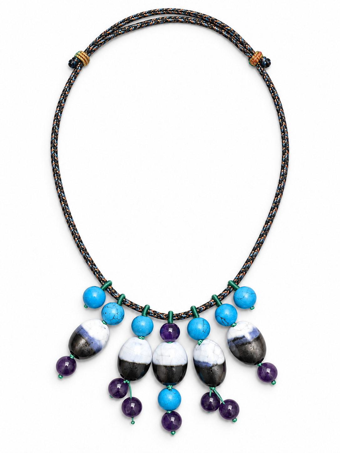Blue purple black and white Jingdezhen ceramic fringe necklace on a braided cord.