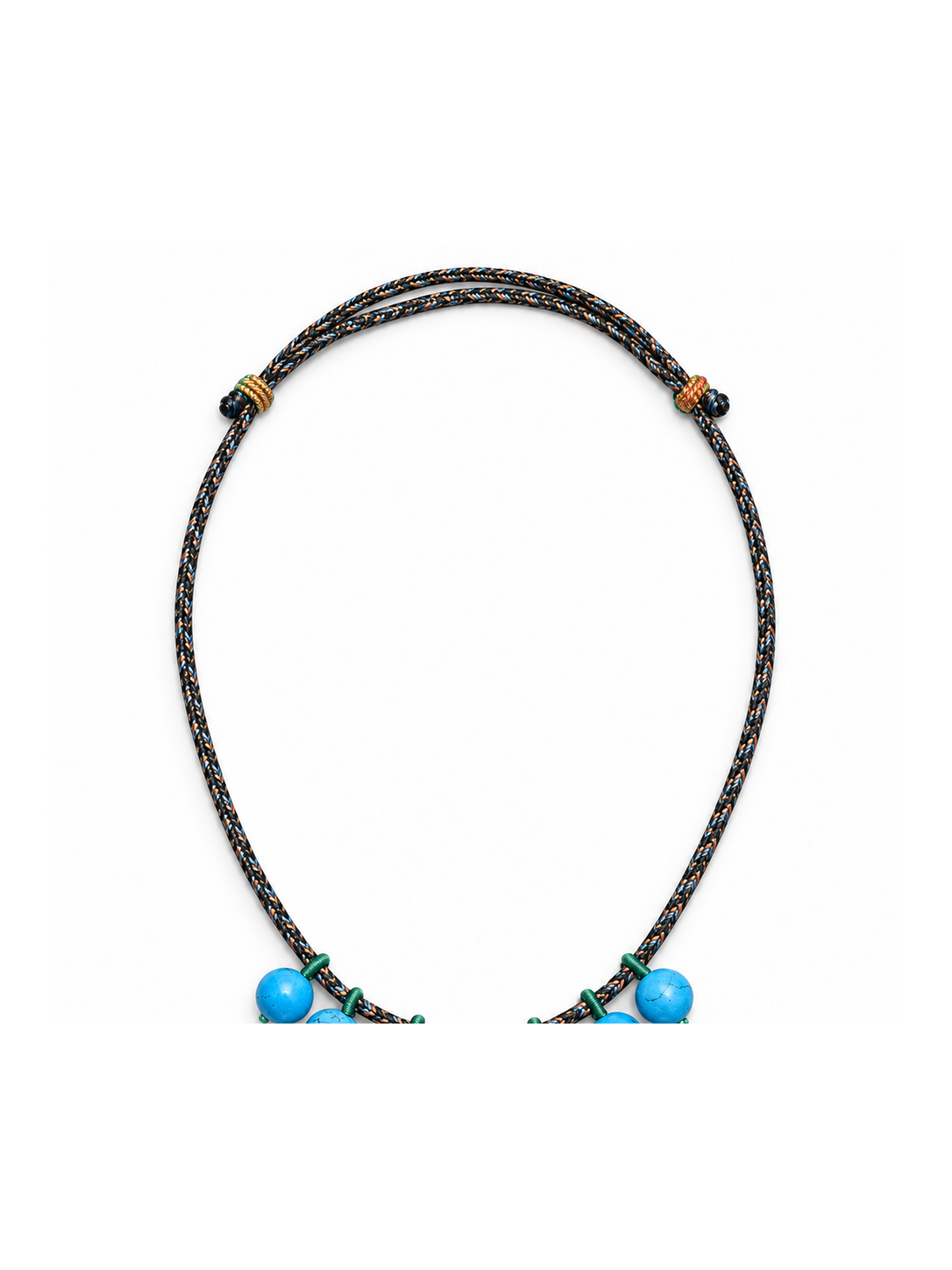 Wider view of the multicolor dark braided necklace cord and adjustment points.
