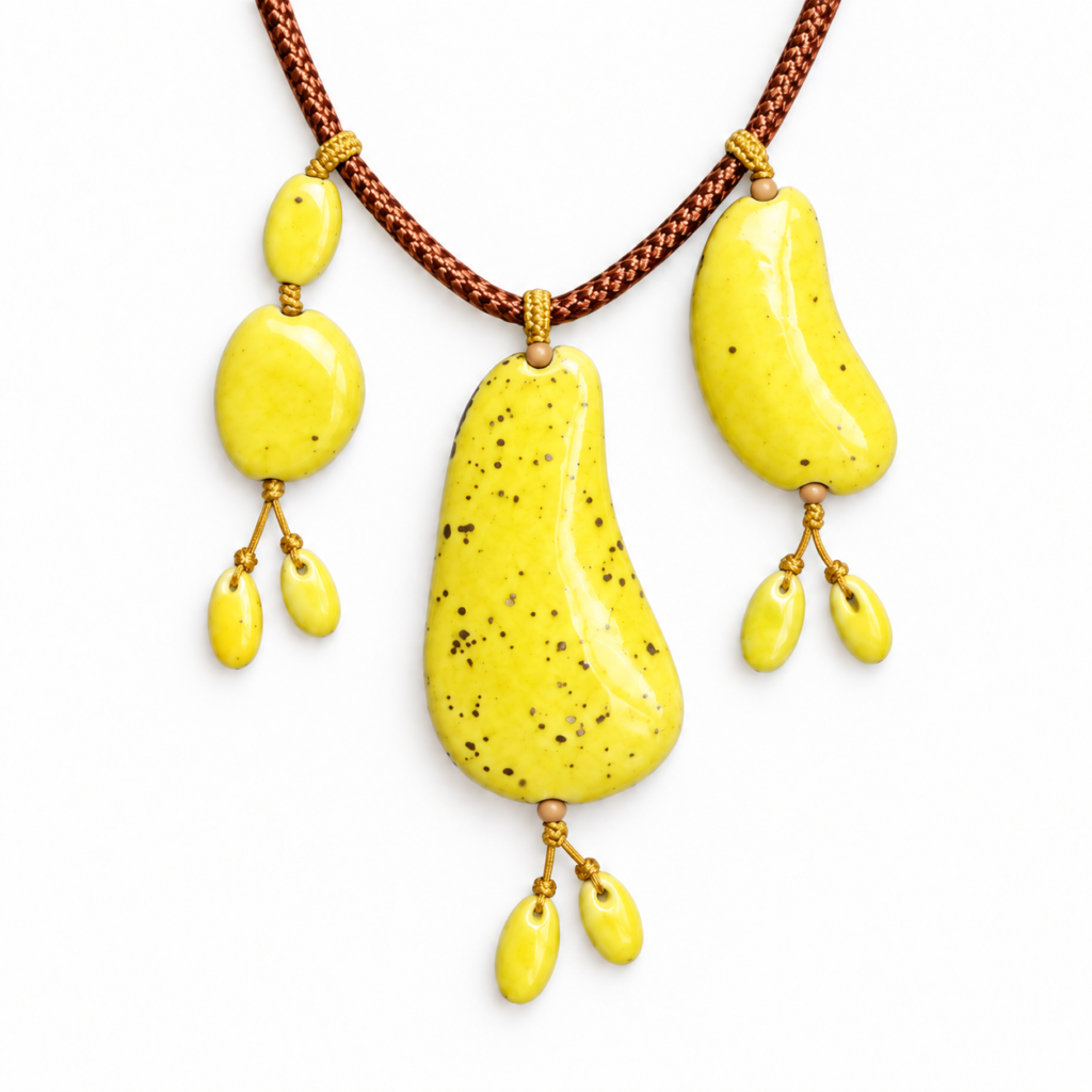 Upright detail of three yellow glazed ceramic focal pieces with hanging drops.