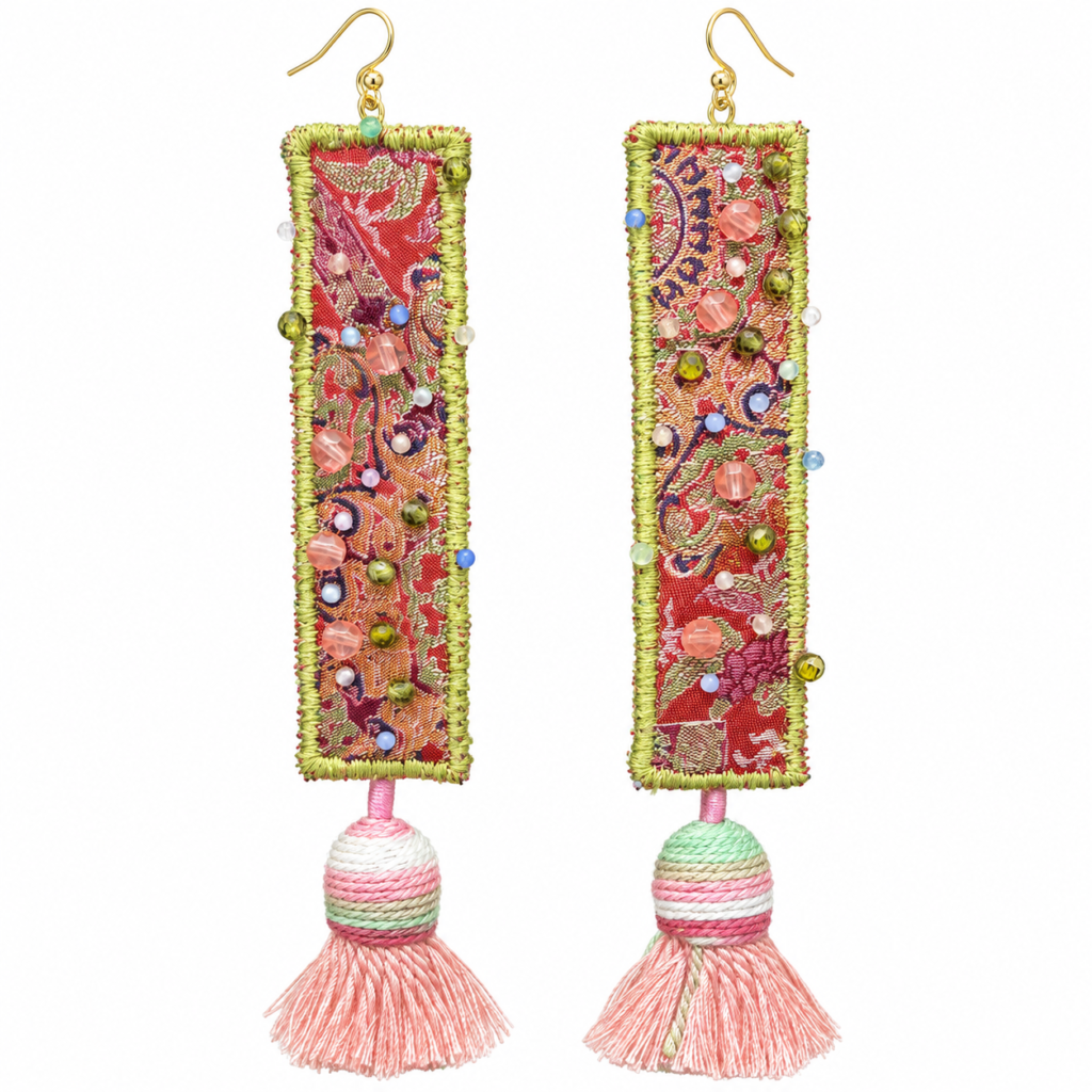 Inner Adventure Pink Tassel Textile Earrings on a clean white background.