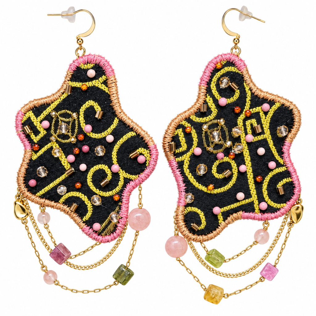 Inner Adventure Black Swirl Chain-Drape Earrings on a clean white background.