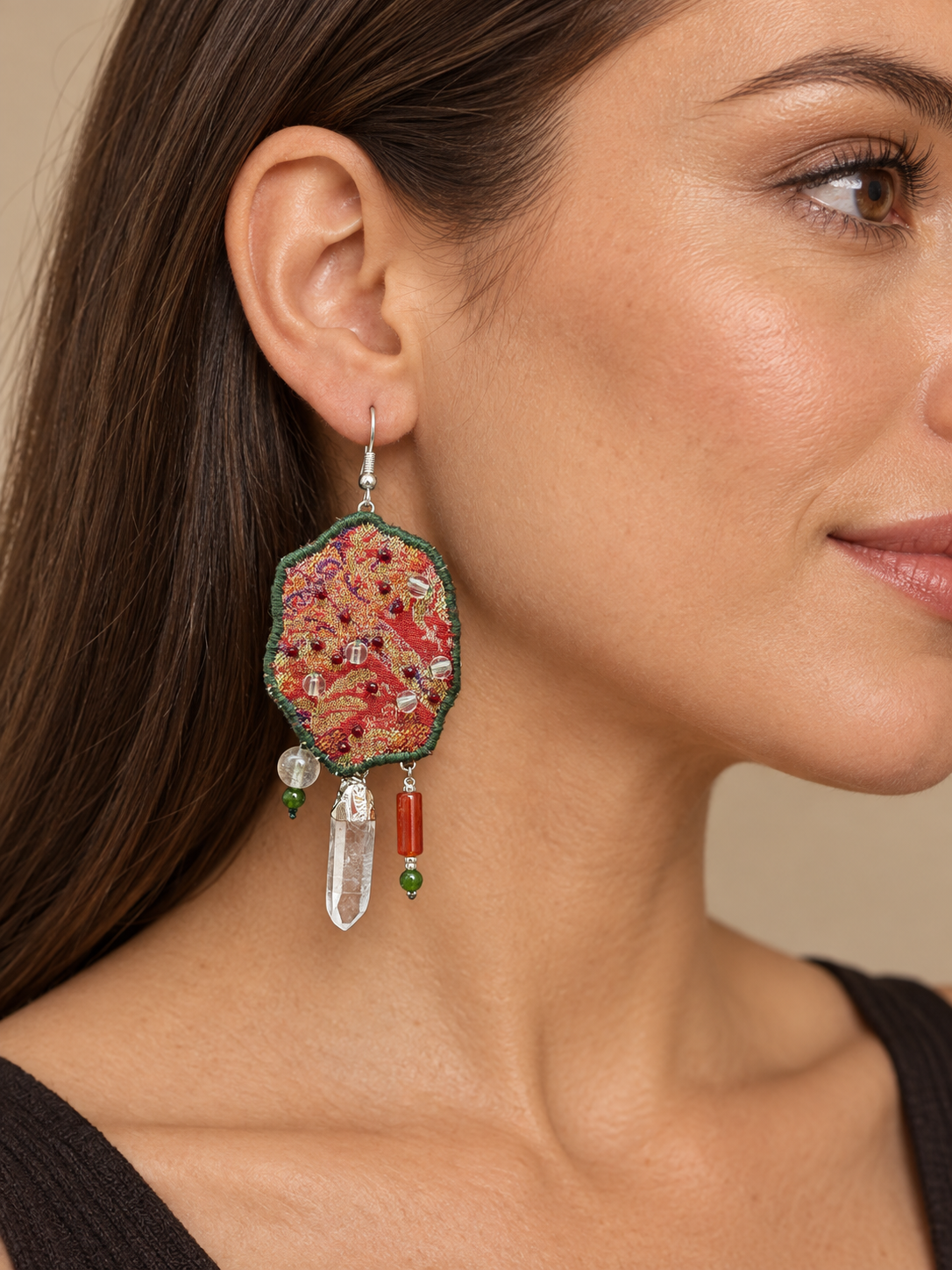 Inner Adventure Red-Gold Clear Point Earrings worn in a close lifestyle view.