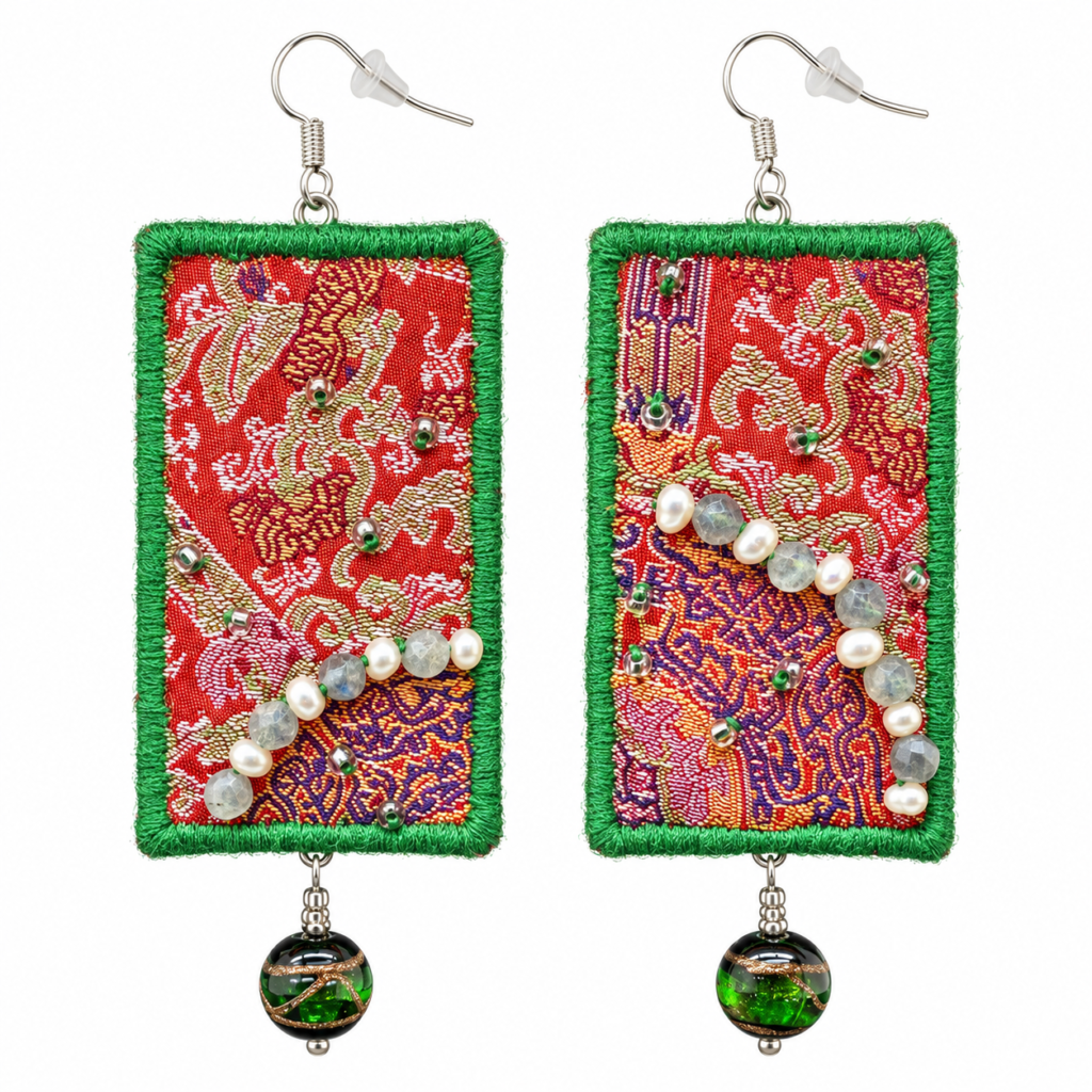 Inner Adventure Green-Edged Red Textile Earrings on a clean white background.