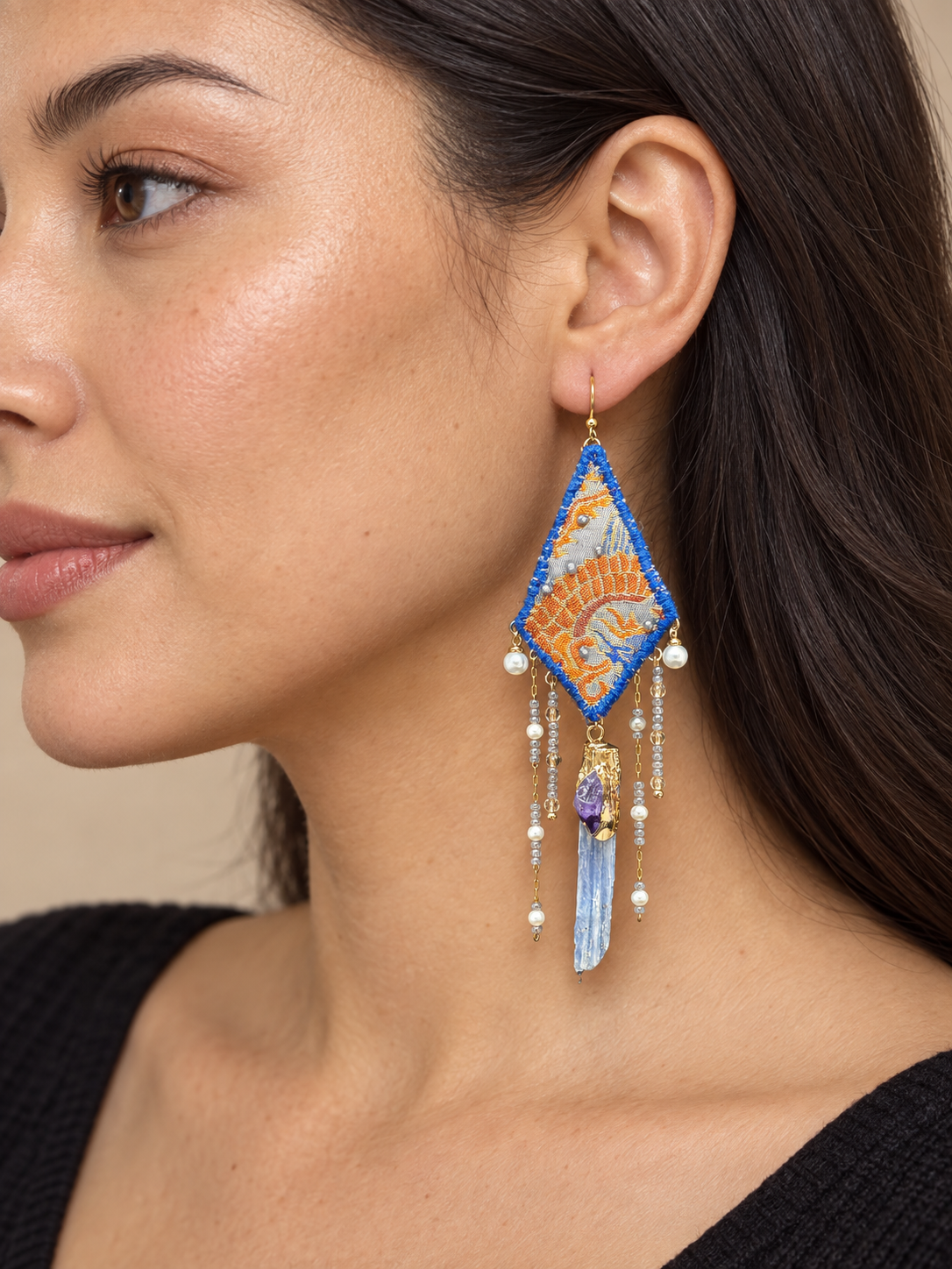 Inner Adventure Blue Diamond Fringe Earrings worn in a close lifestyle view.