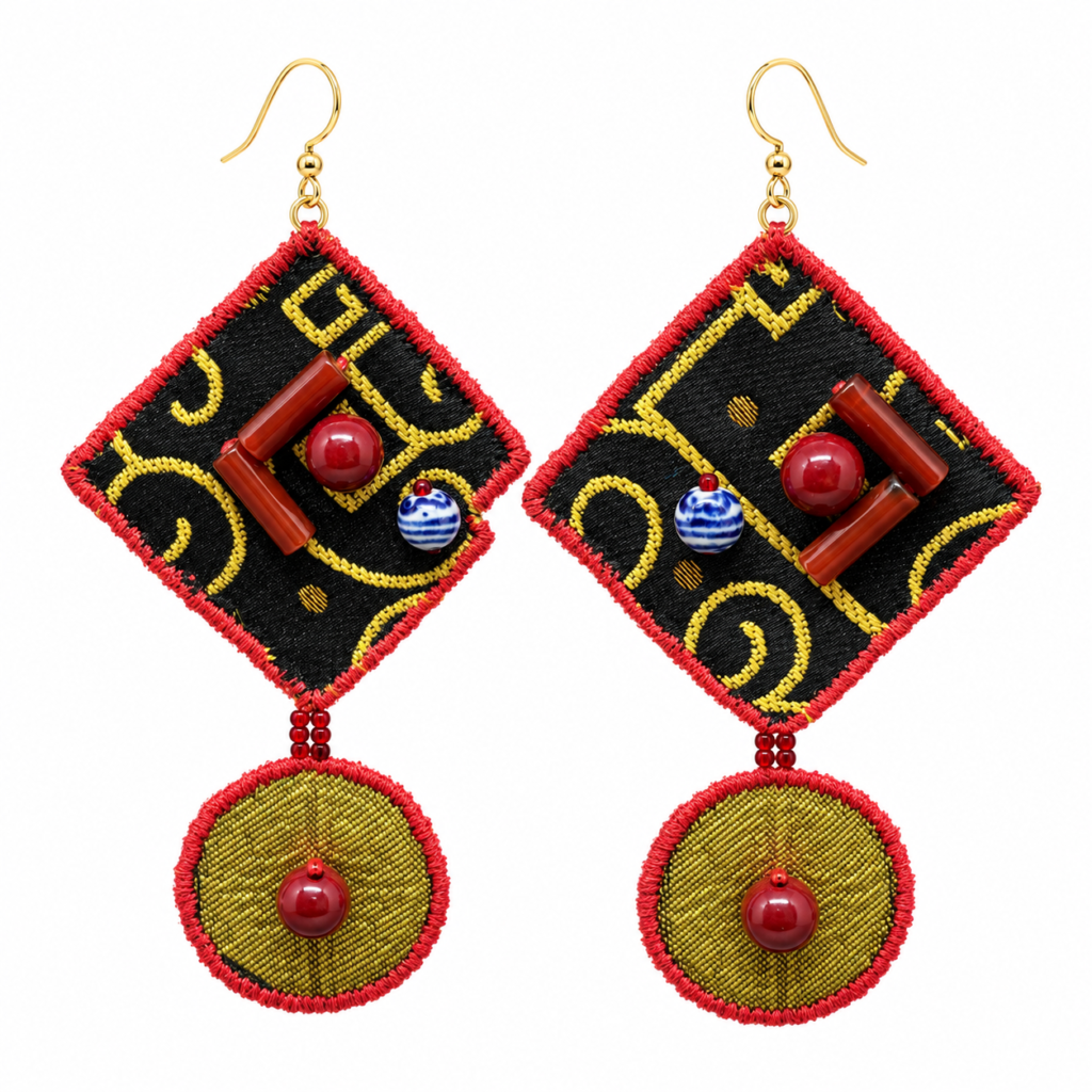 Inner Adventure Black & Red Geometric Disc Earrings on a clean white background.