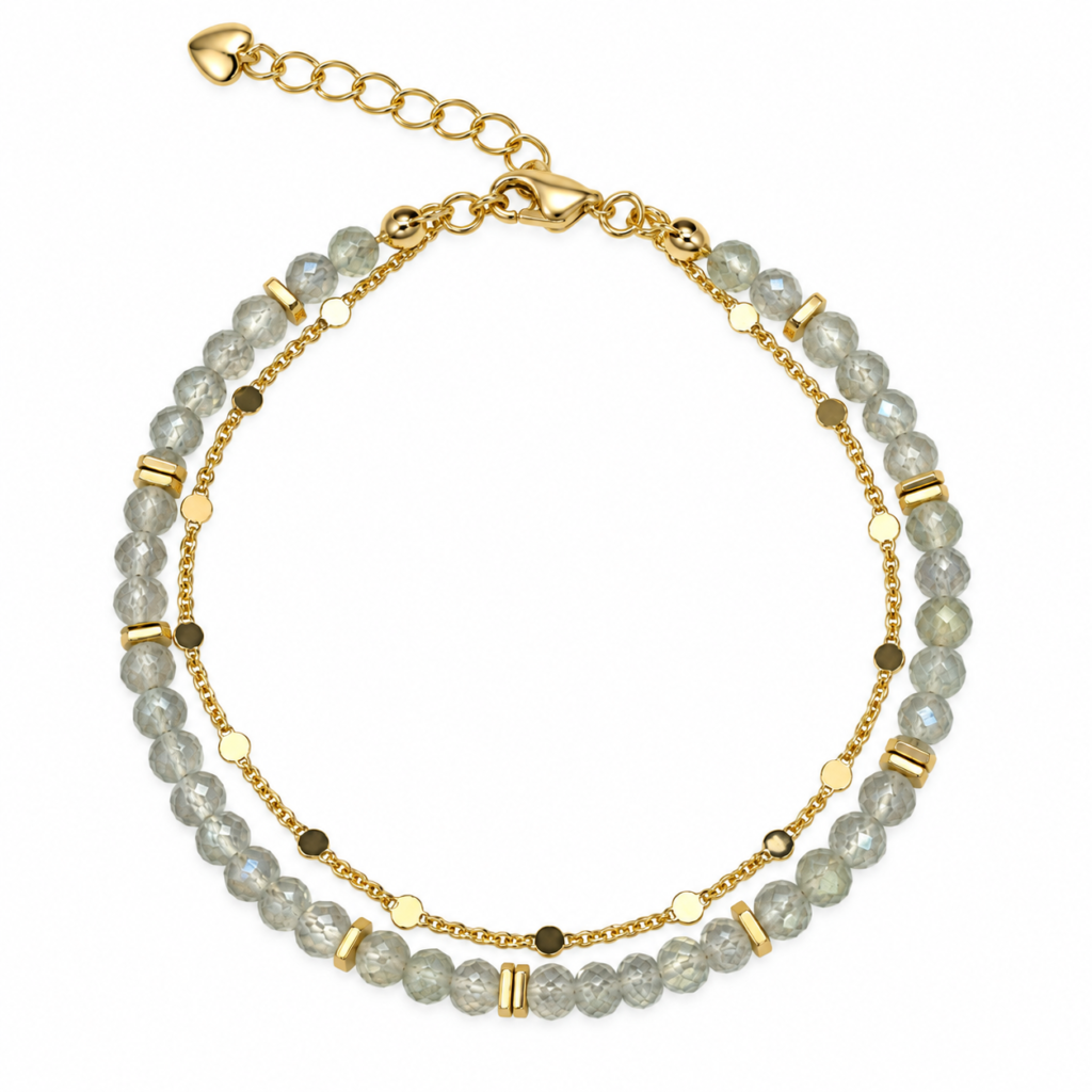 Pale sage-gray faceted bead and gold-tone double-strand bracelet arranged on white.