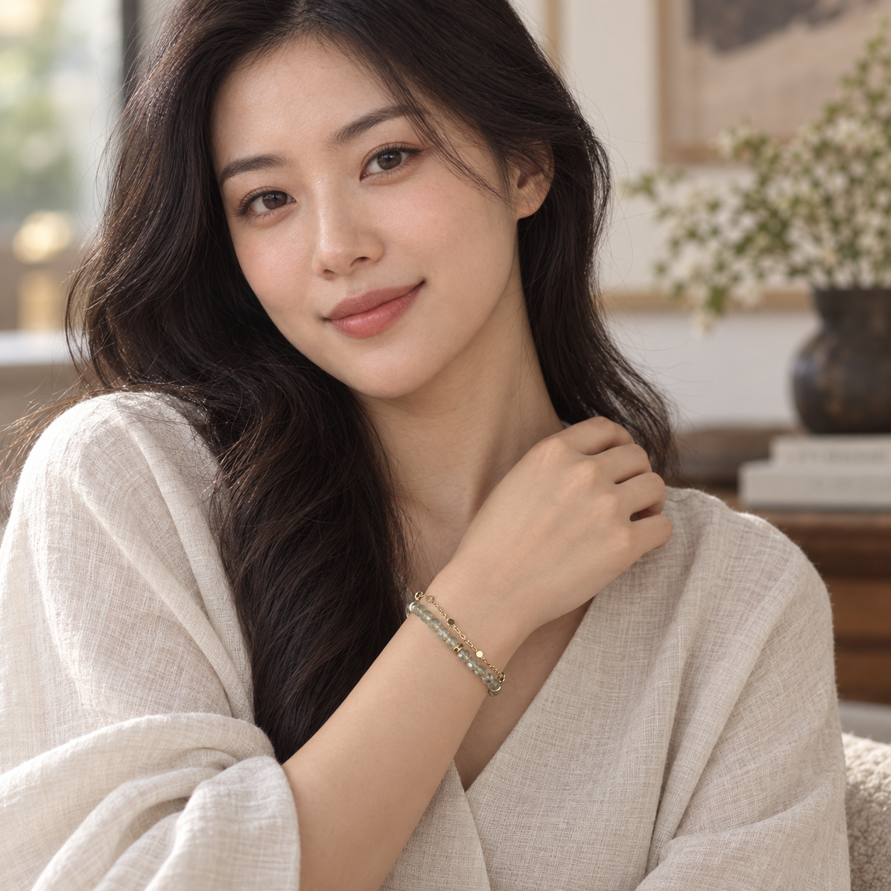 Adult model wearing the pale sage-gray and gold-tone double-strand bracelet.