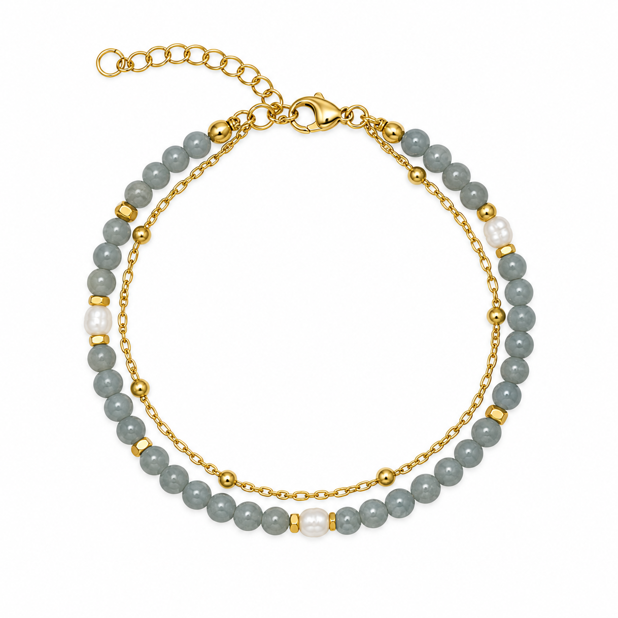 Mist-gray and white bead double-strand bracelet with gold-tone chain arranged on white.