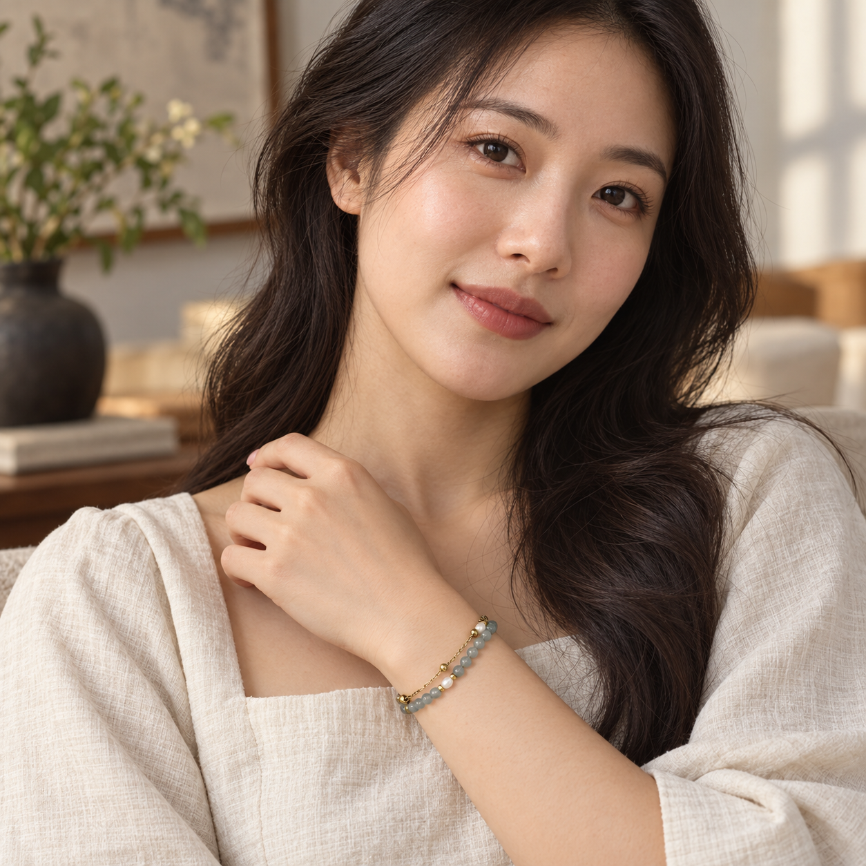 Adult model wearing the mist-gray, white and gold-tone double-strand bracelet.